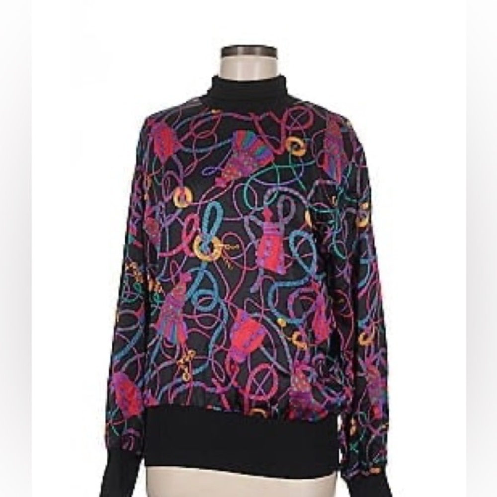 🎨 Vintage Carlisle 100% Silk Sweater – Ropes, Tassels & Gold Rings Print - Small